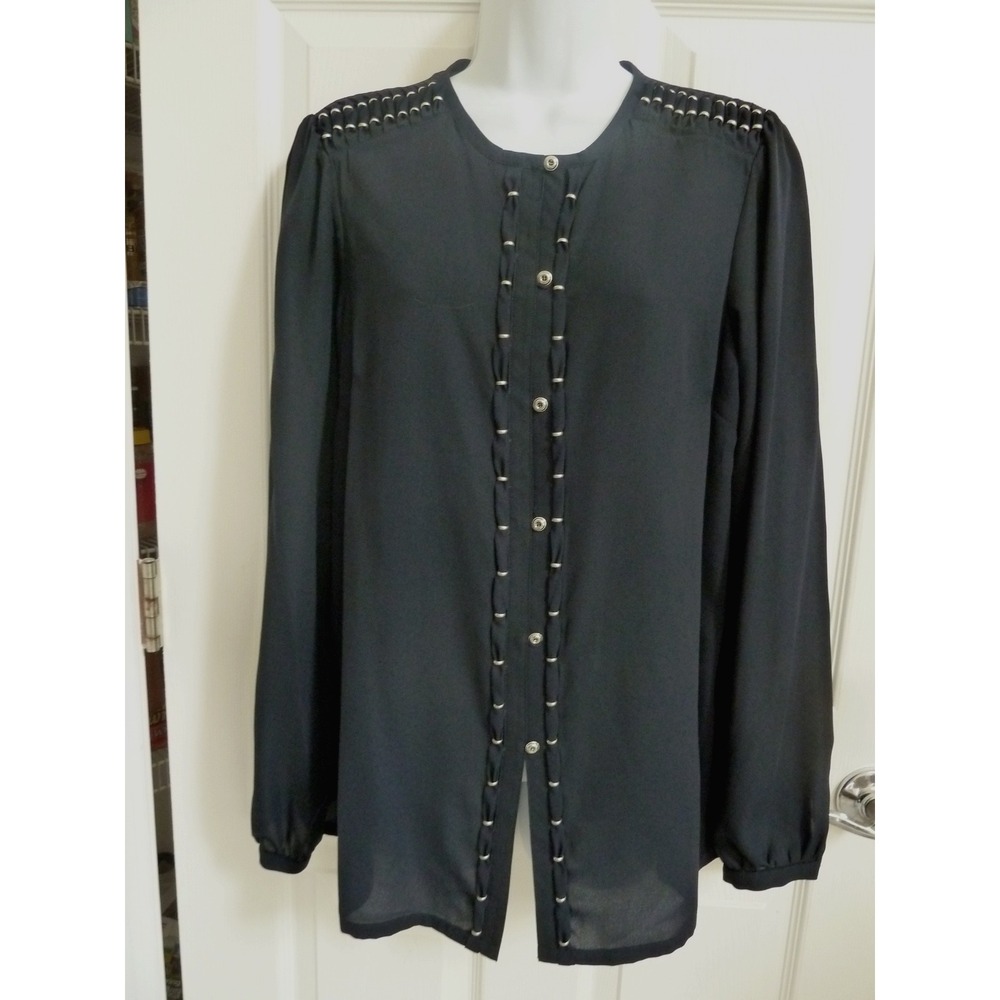 NWOT JONES NEW YORK SIG. Sz L 12/14 Business Career Blouse Navy Office Button Up